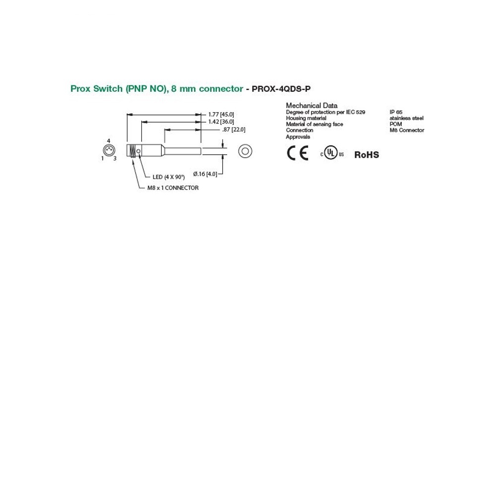 PROX-4QDS-P NUMATICS/AVENTICS CYLINDER SWITCH PROX, PNP 10-30VDC, LED, M8 QUICK DISC.